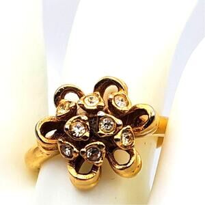 Avon Rhinestone Cocktail Ring Size 8 3/4 Gold Tone Cluster Crystal Flower Ribbon